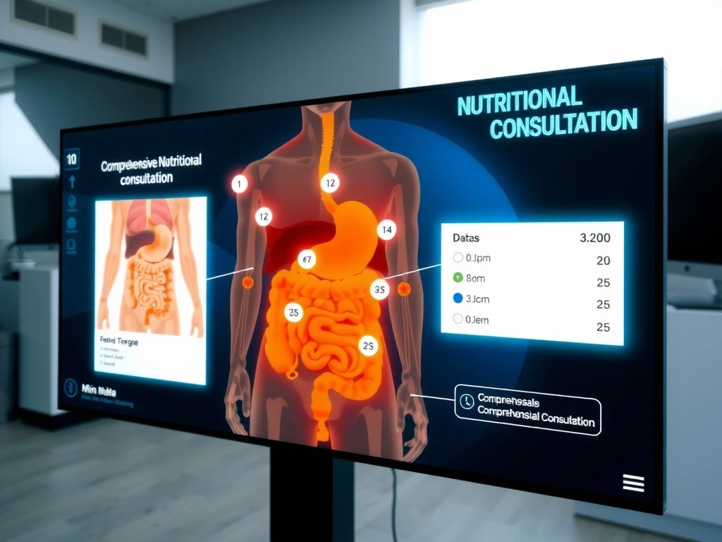 Ein interaktives 3D-Modell eines menschlichen Verdauungssystems, das auf einem futuristischen Touchscreen angezeigt wird, mit Datenpunkten, die auf verschiedene Organe hervorgehoben werden, um eine umfassende Ernährungsberatung zu visualisieren.