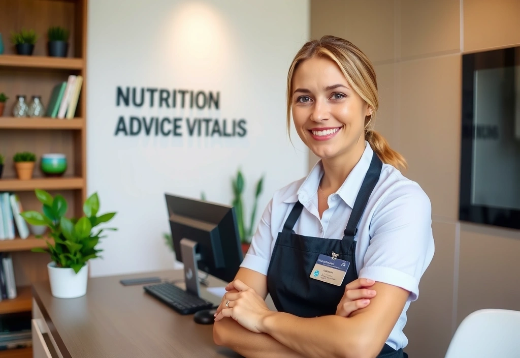 Eine freundliche Rezeptionistin lächelt am Empfang von Ernährungsberatung Vitalis, bereit, Kundenanfragen zu bearbeiten. Der Empfangsbereich ist hell und modern.