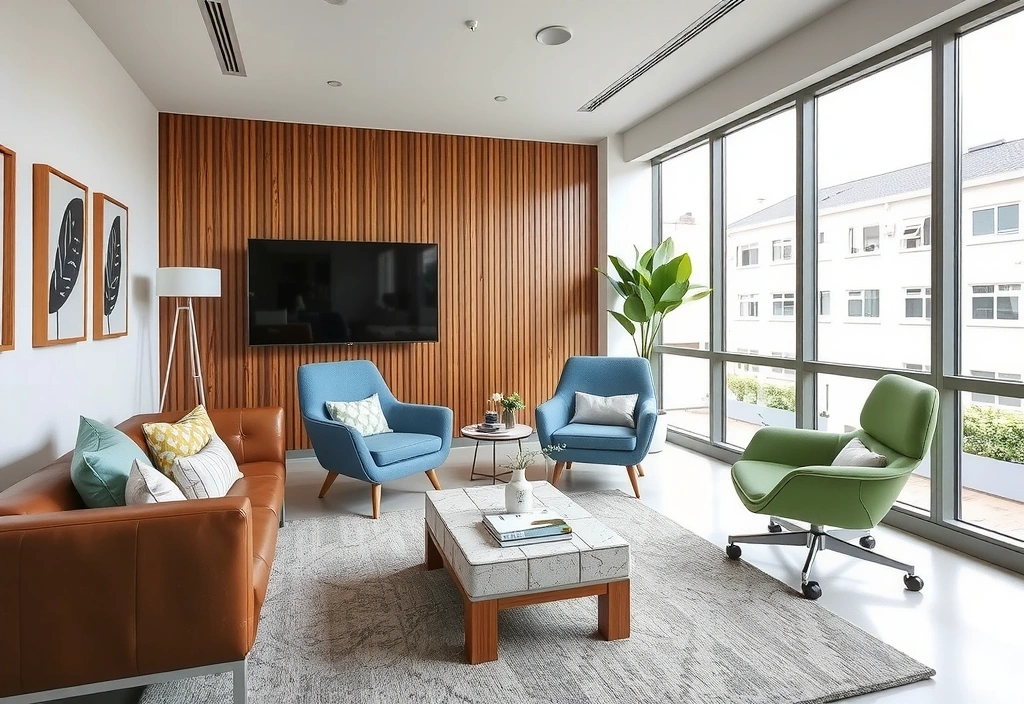 Ein stilvolles Büro mit moderner Einrichtung, das Professionalität und Komfort ausstrahlt.