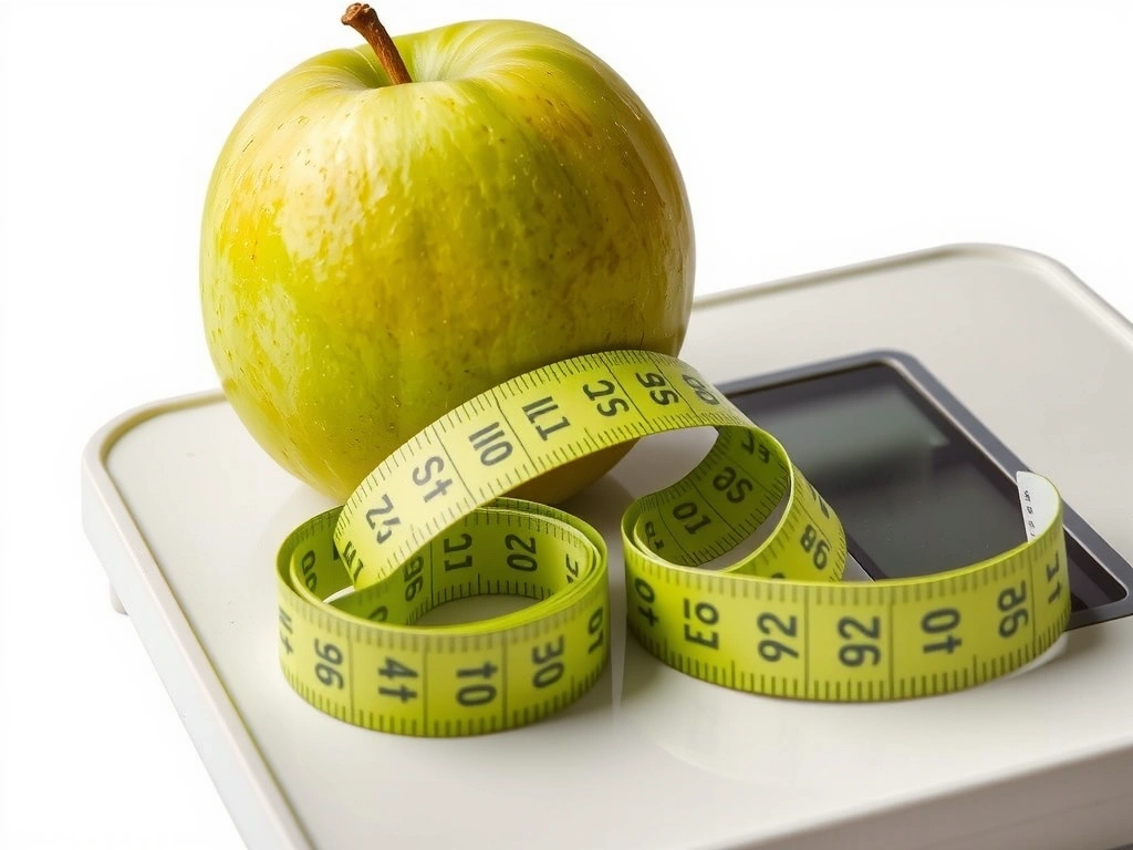 Eine Waage mit einem gesunden Apfel und Maßband.