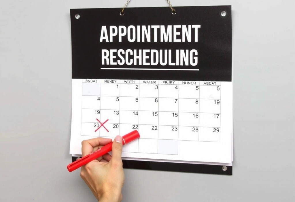 Eine Person, die einen Termin auf einem Kalender durchstreicht, was Stornierung oder Umplanung symbolisiert.
